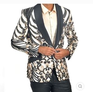 Barabas‎ Men's Ivory Black Rhinestone Jeweled Hand Made Blazer Size XL 44